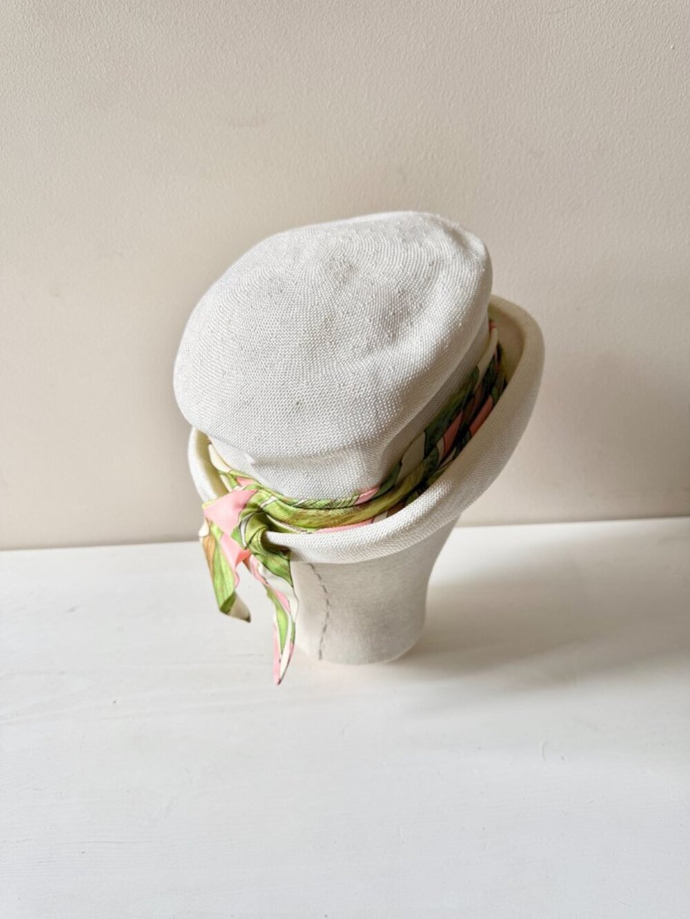 Vintage White Basketweave Green Pink Satin Twill Tie Bucket Hat